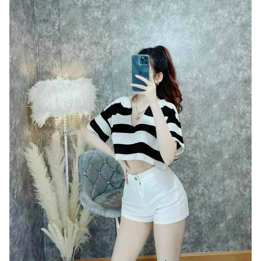 Áo kiểu croptop form rộng sọc ngang cổ bẻ cực hot , chất thun coton mềm mịn