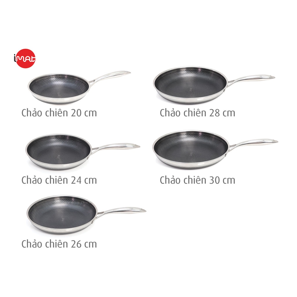 Chảo chống dính bếp từ iMat Hybrid để chiên, cạn kết hợp giữa lớp phủ điêu khắc chống dính Daikin và inox 430 chống xước