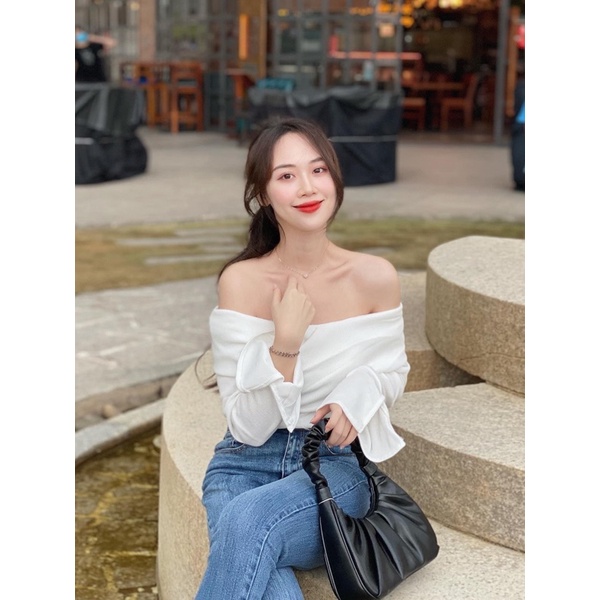 - Áo len bẹt vai tay xoè, len trượt gân dày dặn