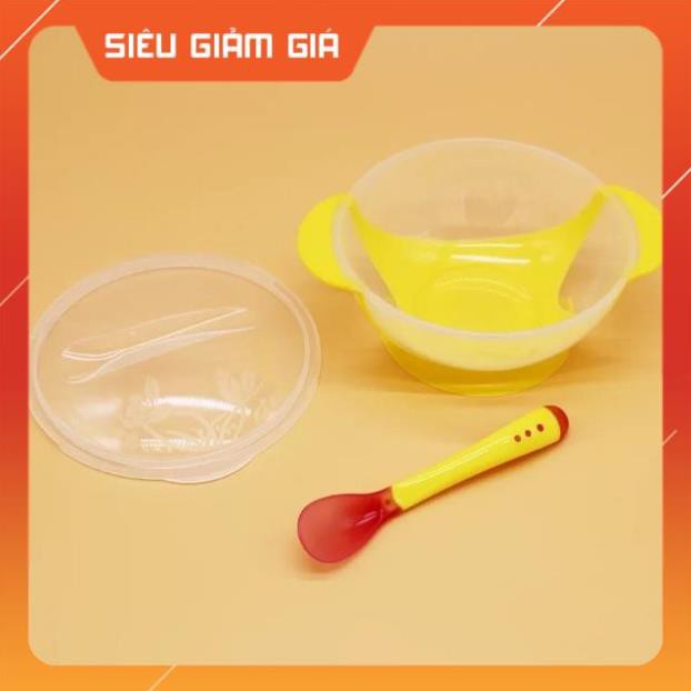 Bát ( chén) ăn dặm giá đỡ chân không chống đổ kèm muỗng báo nhiệt