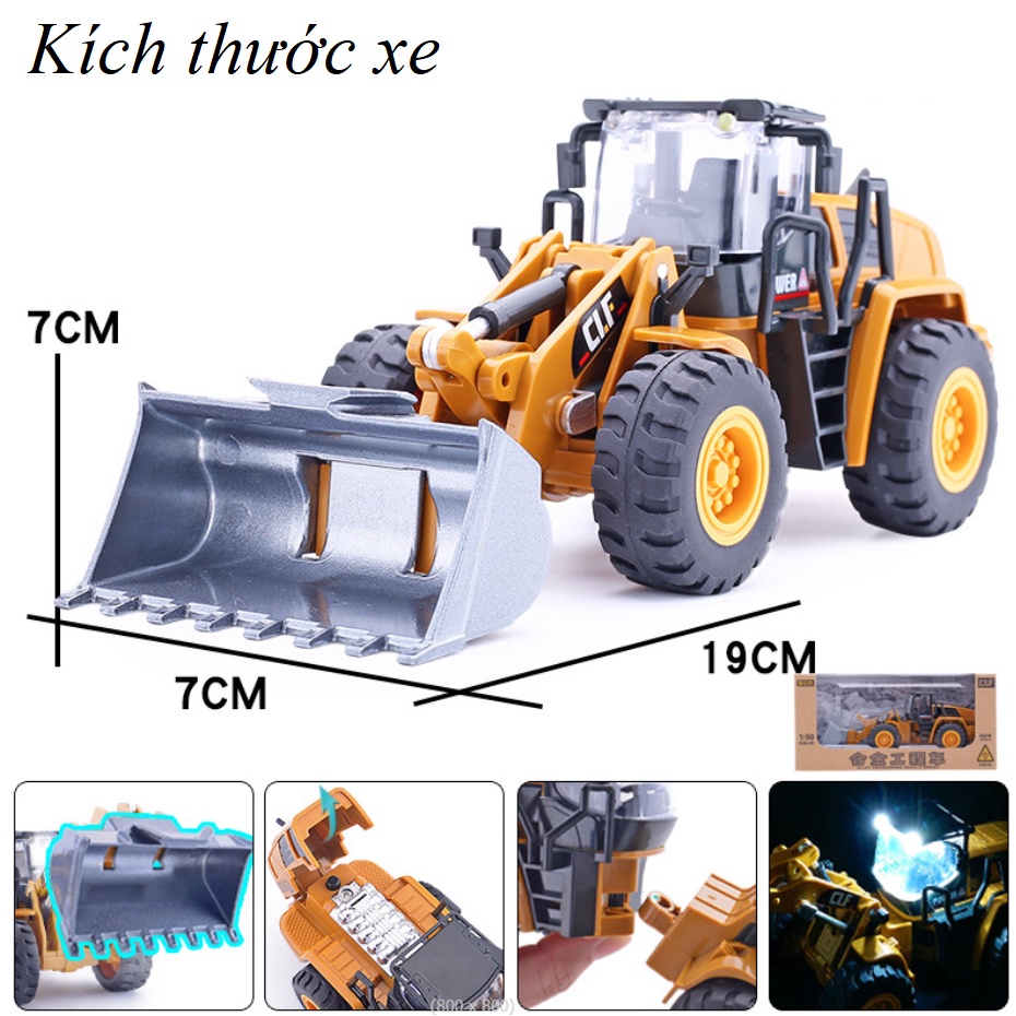 Xe xúc ủi đất mini tỉ lệ 1:50 xe đồ chơi công trình cho trẻ em bằng hợp kim nhựa có đèn sáng