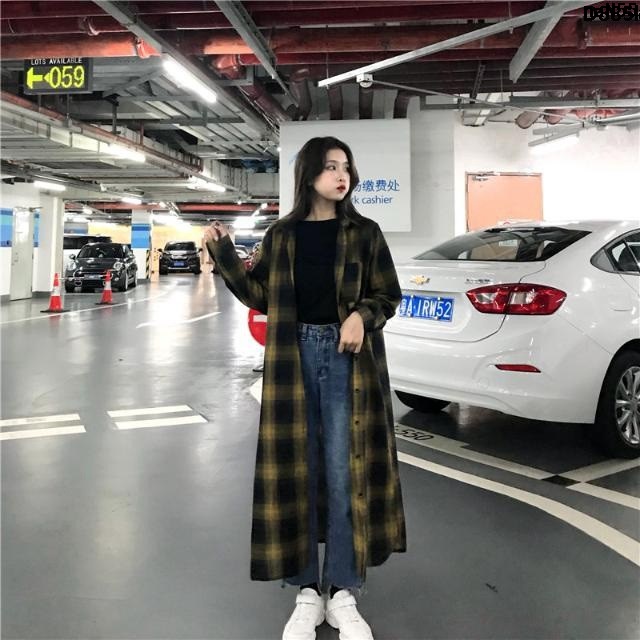 Bf Áo Khoác Sơ Mi Dài Đến Đầu Gối Dáng Rộng Kẻ Sọc Caro Phong Cách Hàn Quốc Thời Trang Mùa Thu Cho Học Sinh Dài Đến Đầu Gối
