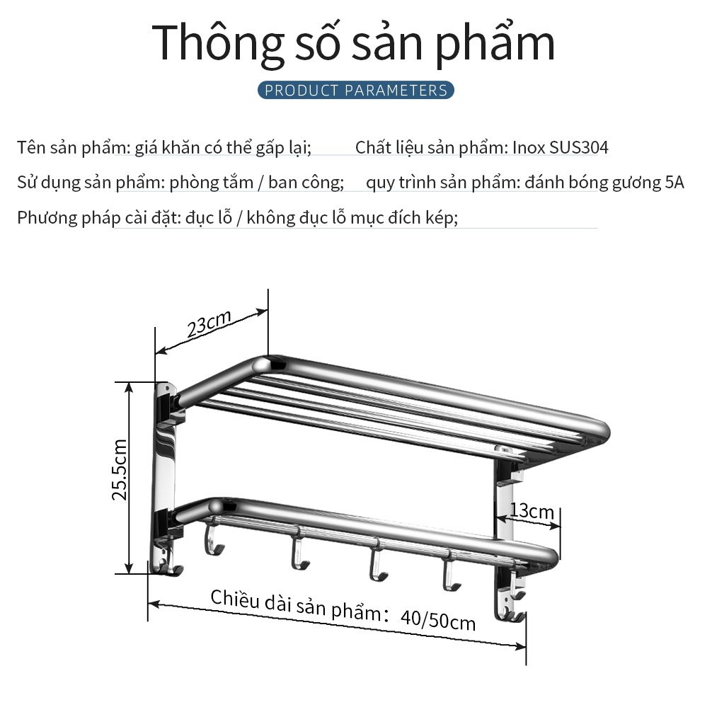 Giá treo khăn phòng tắm XINKUNLON thép không gỉ 304 khả năng chịu lực mạnh mẽ gấp gọn lại được cao cấp
