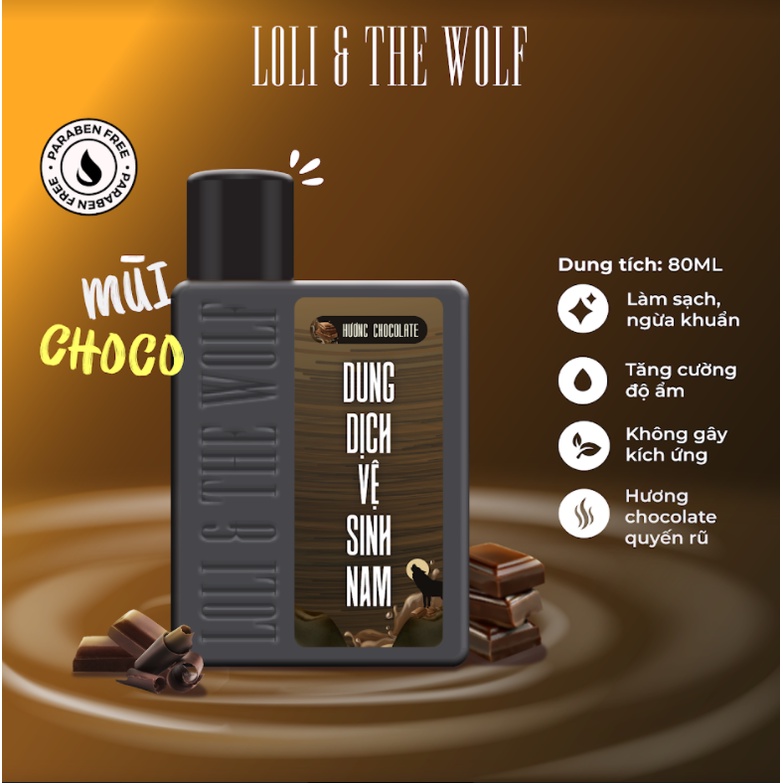 Dung dịch vệ sinh nam giới hương Chocolate lành tính, dịu nhẹ, thiên nhiên chai 80ml nhỏ gọn - LOLI & THE WOLF