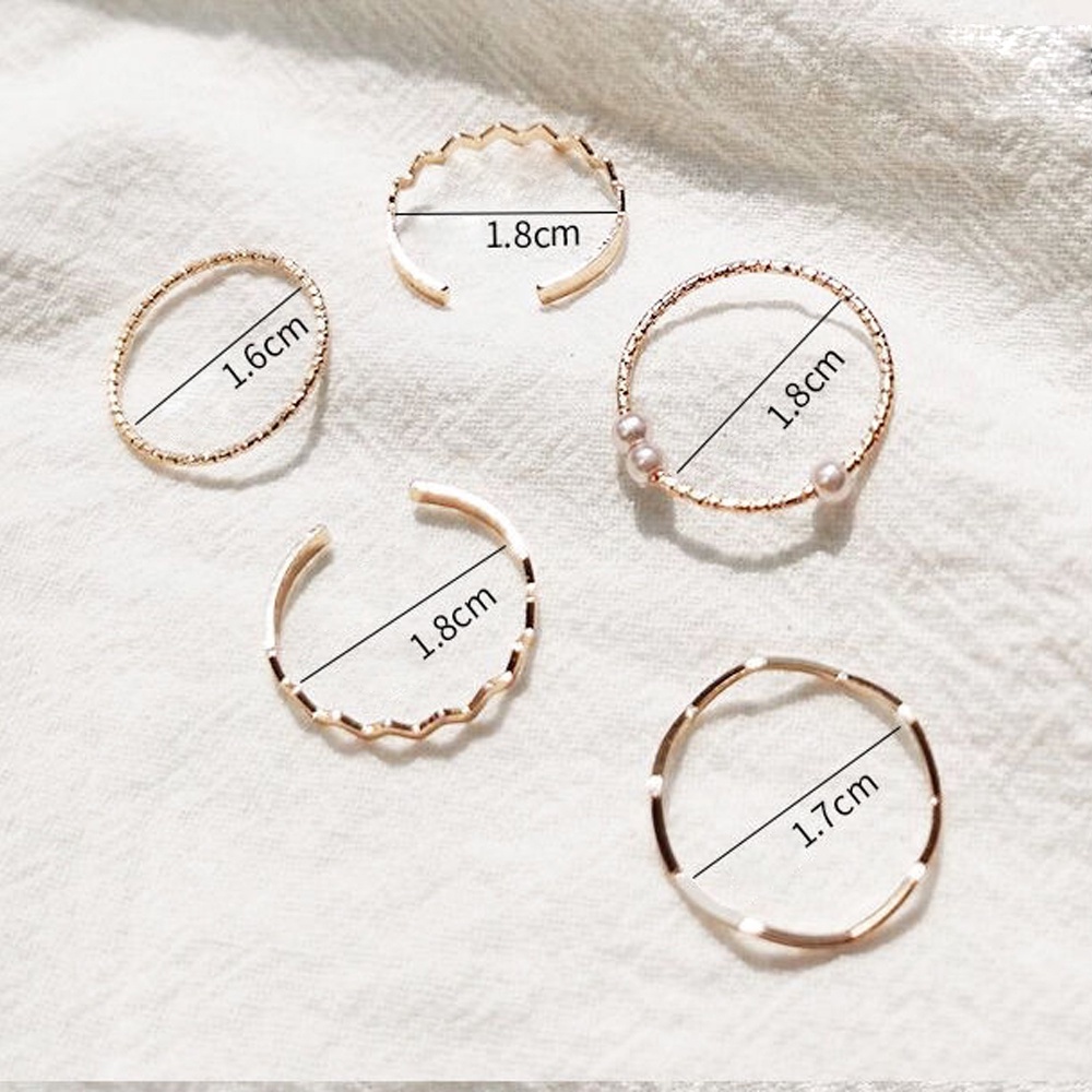 Bộ 5 nhẫn cưới hình gợn sóng đơn giản đính ngọc trai giả 4 món cho nữ