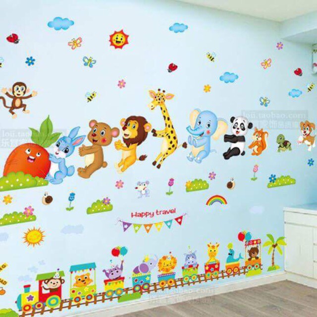 Decal dán tường thú ôm nhau kết hợp happy travel