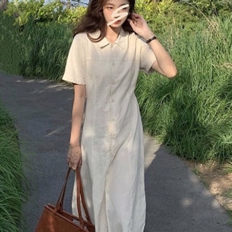 Đầm sơ mi IELGY mỏng màu trơn chiết eo thiết kế thời trang cho nữ