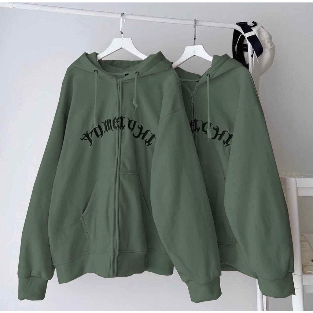Áo hoodie zip nỉ nam nữ UNISEX fom rộng thêu chữ 2 màu xanh rêu, đen- Áo khoác nỉ dài tay mũ hoodie nam nữ thu đông hàn