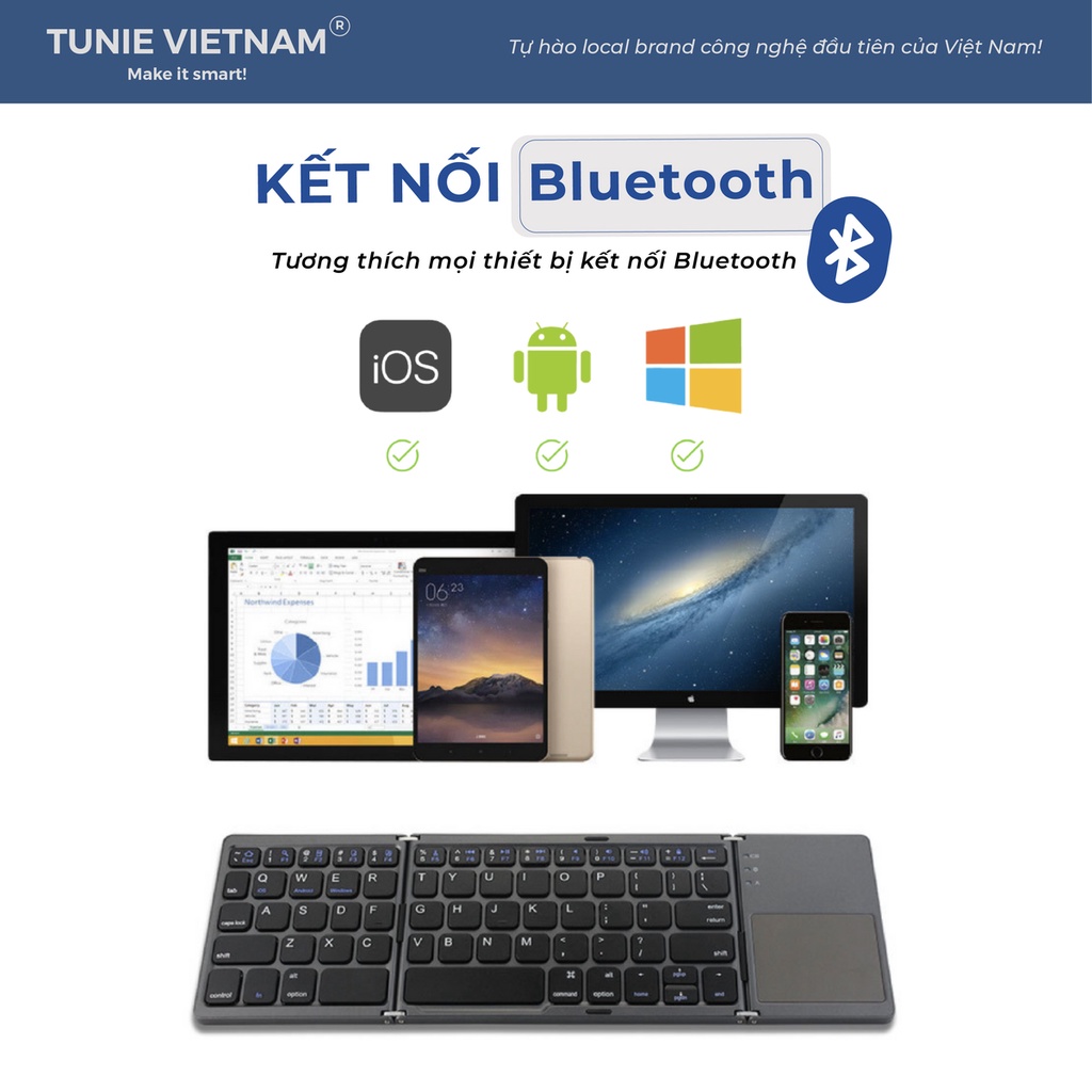 Bàn phím Bluetooth có thể gập gọn kèm Touchpad dùng cho điện thoại, máy tính bảng, laptop