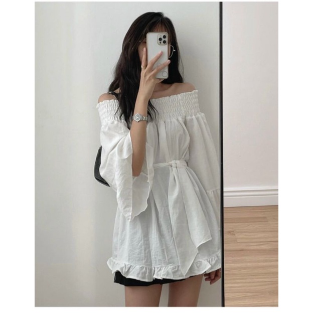 Set áo trễ vai + chân váy xếp ly đẹp nhẹ nhàng nữ tính