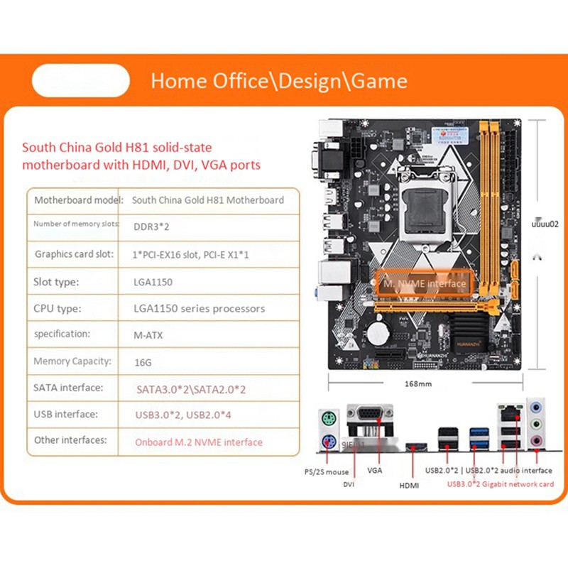 Bảng mạch chủ HUANANZHI H81 M-ATX Intel LGA 1150 I3 I5 I7 E3 DDR3 1333/1600MHz 16GB M.2 SATA3 USB3.0 VGA DVI