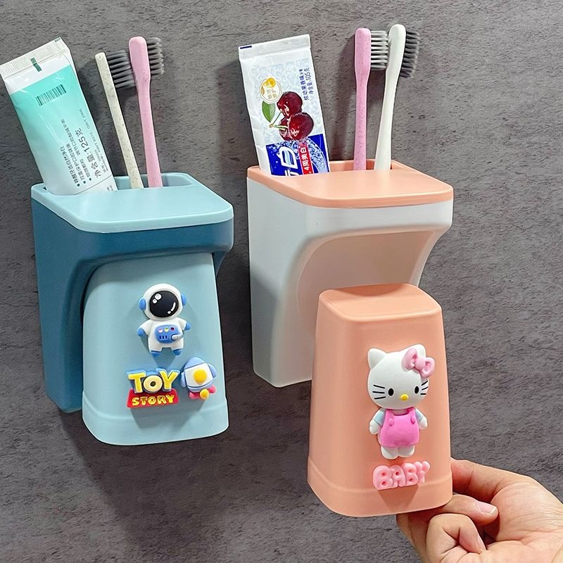 Bộ Giá Để Bàn Chải Đánh Răng Hít Nam Châm Hình Trụ In Hoạt Hình Dễ Thương Cho Bé