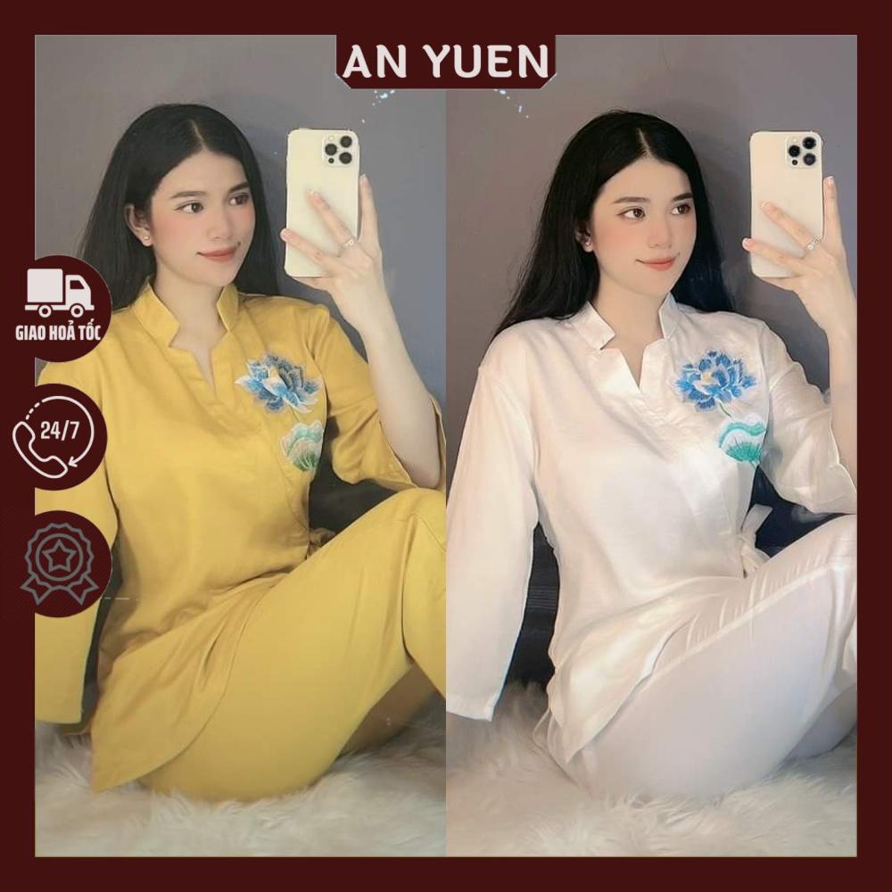 ĐỒ LAM NỮ # pháp phục Phật tử cao cấp - set bộ đi chùa cổ sao, chất vải lụa mềm nhẹ thêu hoa sen B28
