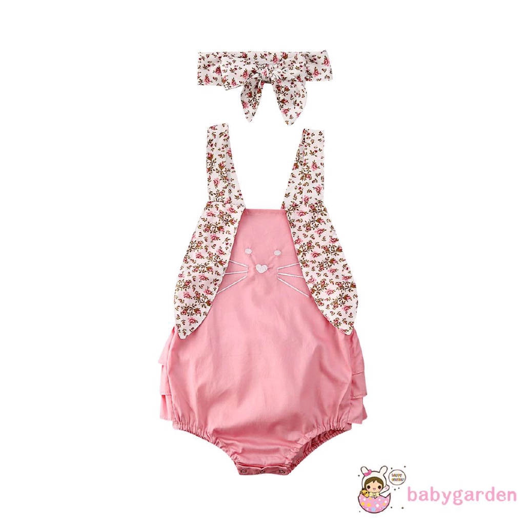 Bộ áo liền quần + băng đô in họa tiết hoạt hình dễ thương cho bé gái sơ sinh