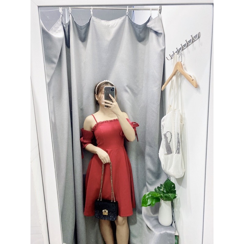 Váy 2 dây Calar Dress Blapink váy đỏ hai dây nữ phối tay trễ vai