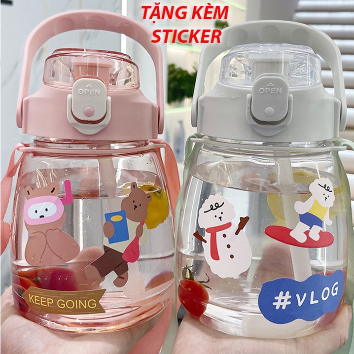 Bình nước cute nhựa, bình đựng nước có ống hút cho bé 1100ml tay cầm đỡ điện thoại Gym 34