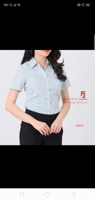 Áo sơ mi nữ Thái Hòa sọc caro màu rêu vải cotton pha sợi tre và poly