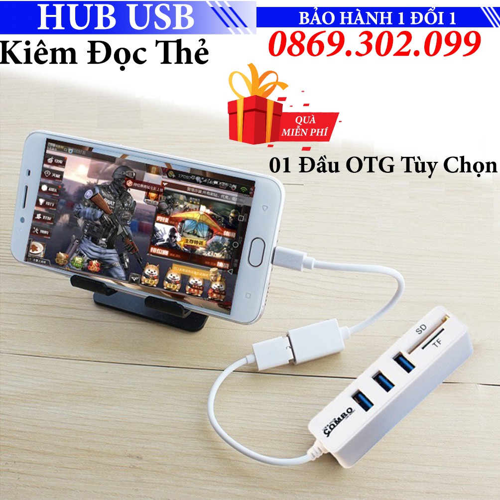 Hub USB Kèm đầu đọc thẻ nhớ cho PC Laptop - Mở rộng Cổng cho Điện thoại bằng cổng OTG