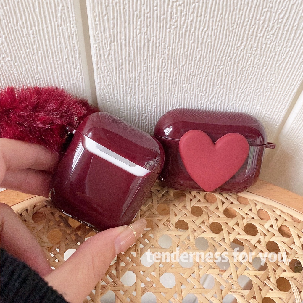 Plush Wine Red Love Heart compatible for Apple Airpods 1/2/3 Pro Case wireless bluetooth earphone Charging Cover