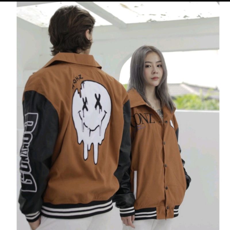 Áo Khoác Nỉ Form Rộng Phối Tay Da Leather Seeve Jacket Varsity Màu Nâu V16