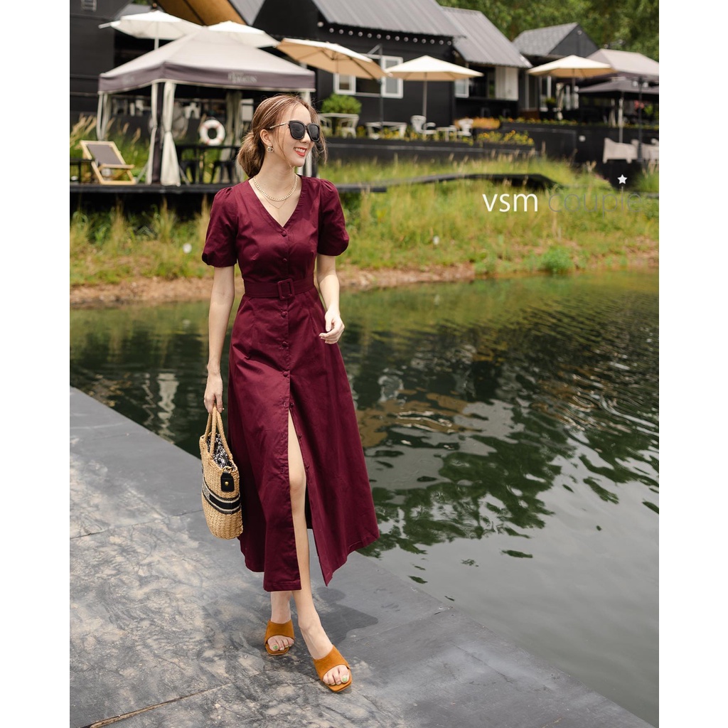 Đầm đôi nam nữ dự tiệc màu mận đầm nữ kèm thắt lưng đồng bộ sang trọng