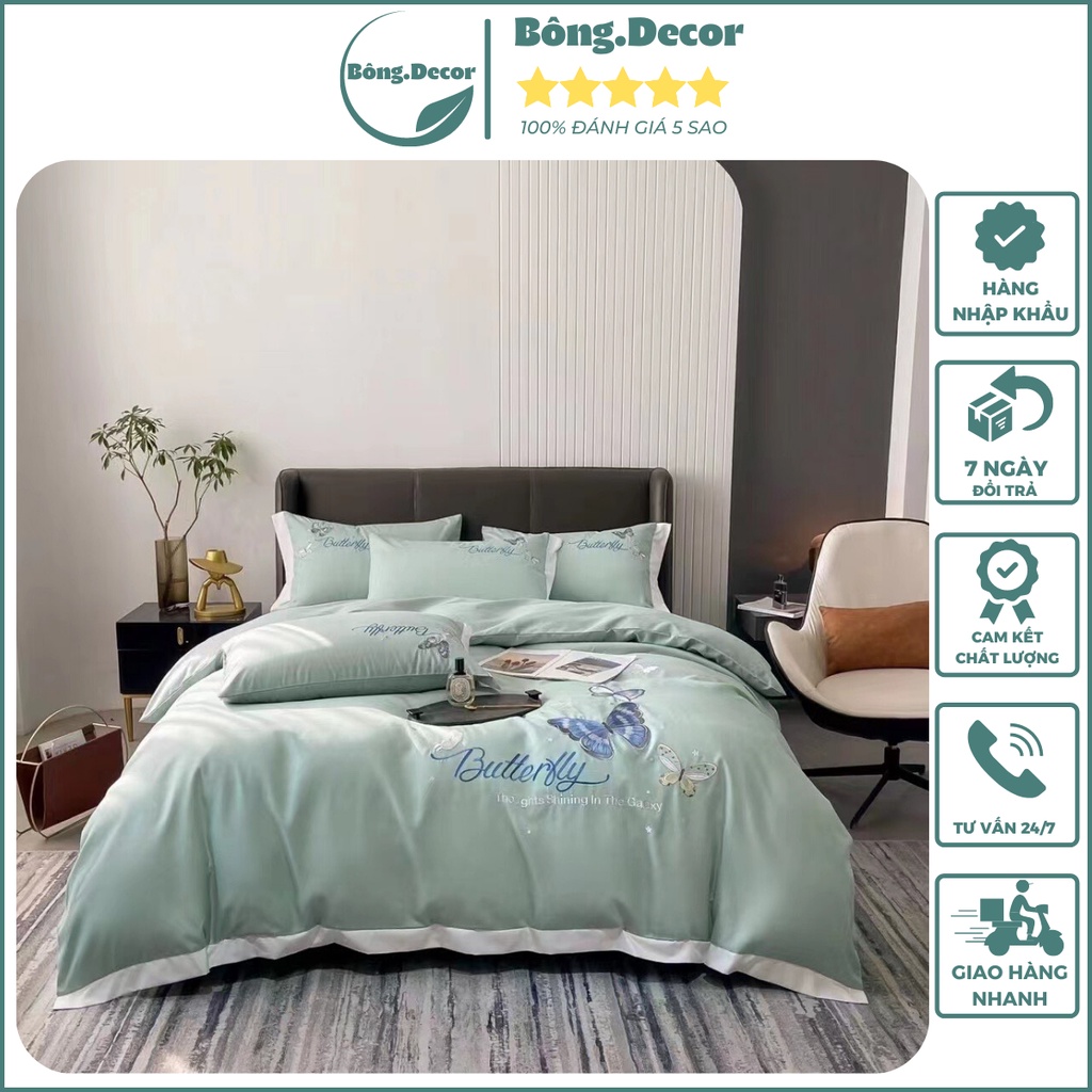 Chăn ga gối Cotton Line thêu họa tiết bướm sang trọng quý phái, chất cotton 100% nhập khẩu cao cấp mềm mịn thoáng khí