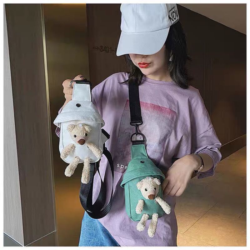 Túi Bao Tử Mini Tặng Kèm Gấu - Túi Đeo Chéo Vải Dễ Thương 0002