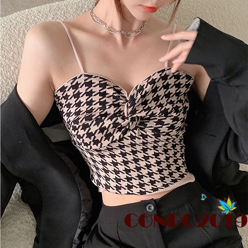 Hgm- Áo Tank Top Ôm Dáng Thắt Nút Họa Tiết Houndstooth Thời Trang Mùa Hè Cho Nữ