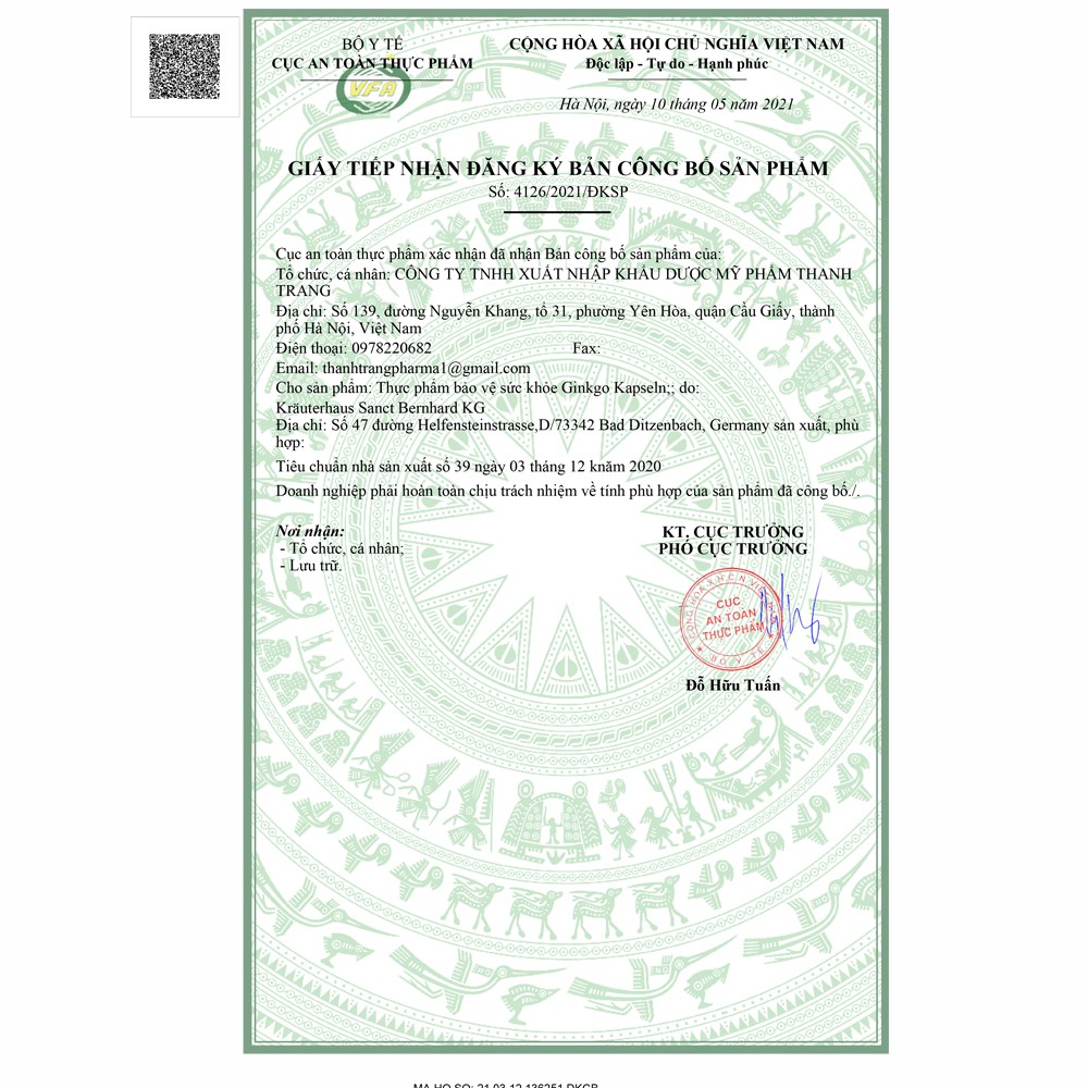 Viên uống Bổ não, tăng tuần hoàn não Ginkgo Kapseln 50mg (Hộp 60 Viên) -[Chính hãng Sanct Bernhard Đức ] | Thế Giới Skin Care