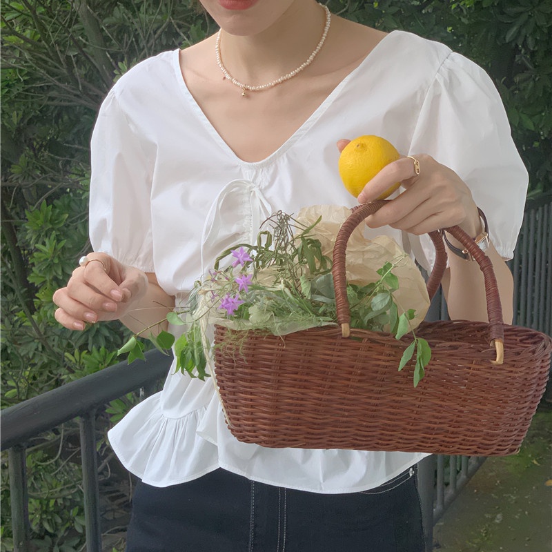 SUXI Áo Sơ Mi Tay Ngắn Cổ Chữ V Màu Sắc Đơn Giản Phối Dây Rút Thời Trang Hàn Quốc Cho Nữ