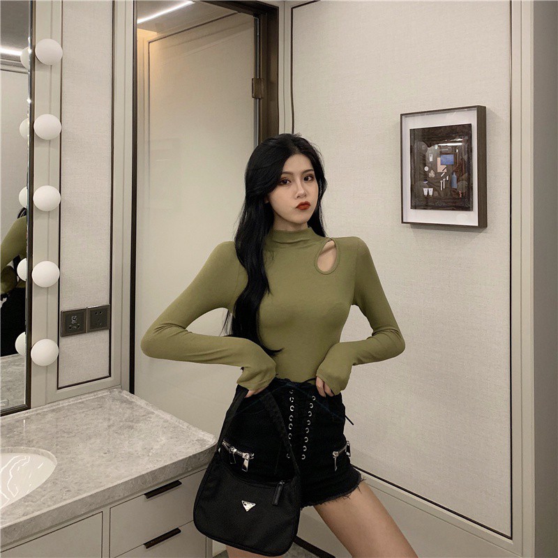 Women New Solid Color Half-neck T-shirt Off-shoulder Slim Long-sleeved T-shirt | BigBuy360 - bigbuy360.vn