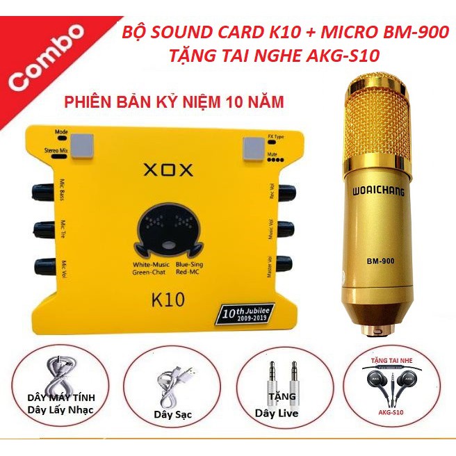 Bộ Sound Card K10 Bản Kỷ Niệm 10 Năm, Micro Thu Âm Livestream Bm 900 - Tặng Tai Nghe AKG-S10