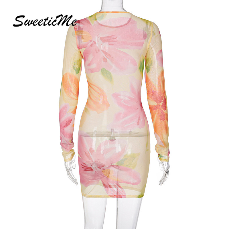 SweeticMe Women's 2021 New Fashion Print Sexy See-through Mesh Round Neck Dress | BigBuy360 - bigbuy360.vn
