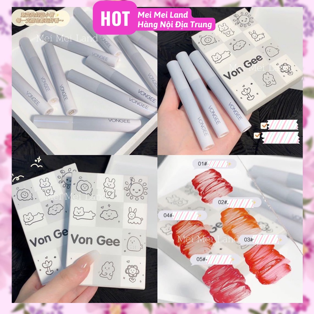 Set 5 Son Kem Lì VONGEE Vỏ Xám Trắng Họa Tiết Cute Mềm Mịn Lâu Trôi