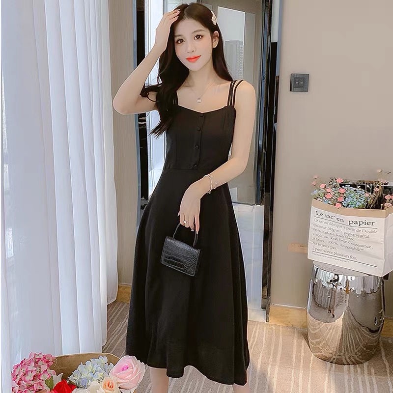 Đầm Hai Dây Dáng Dài Cổ Vuông Màu Đen Phong Cách Hàn Quốc Thời Trang Cho Nữ