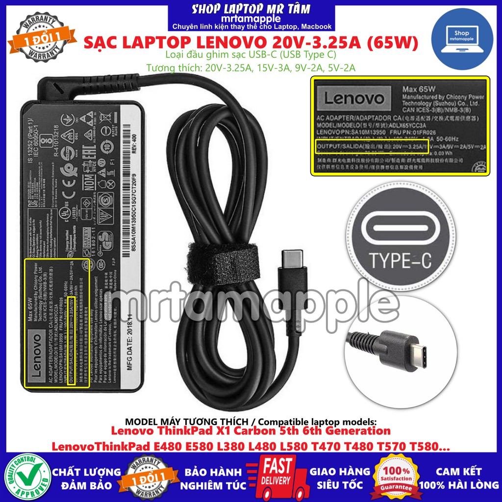 (ADAPTER) SẠC LAPTOP LENOVO 20V 3.25A (65W) (USB-C) kích thước đầu ghim sạc