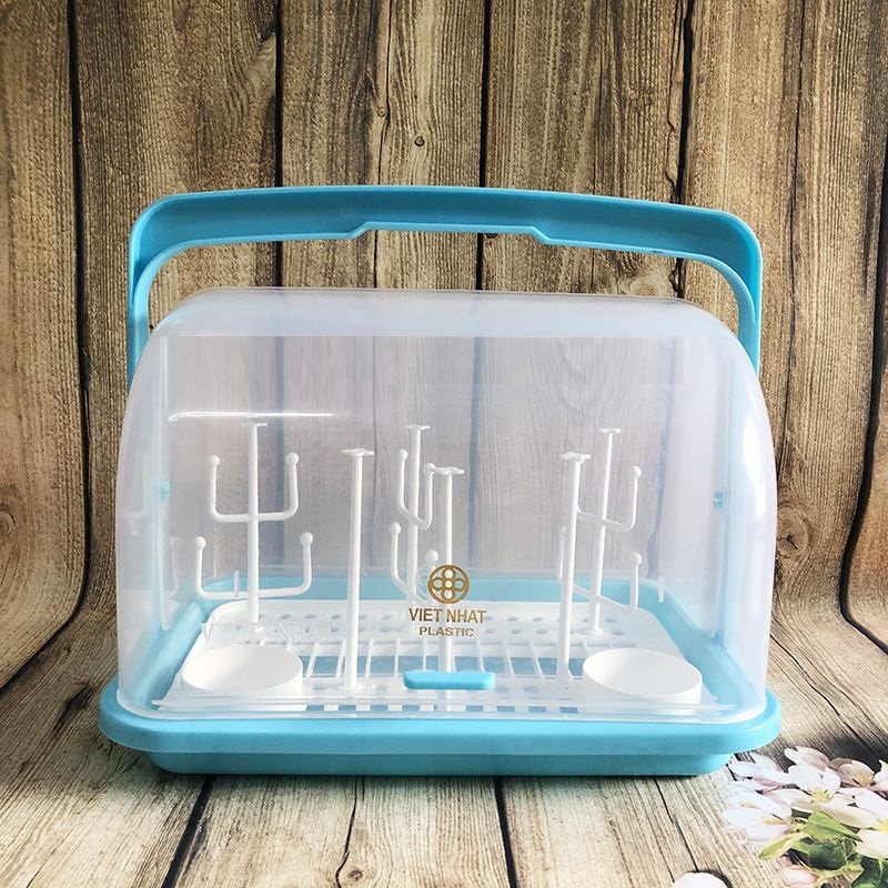 Khay úp bình sữa Việt Nhật Plastic Có thanh cắm, Quai Xách và nặp đậy kín giá kệ úp bình sữa có nắp đậy cao cấp Size to