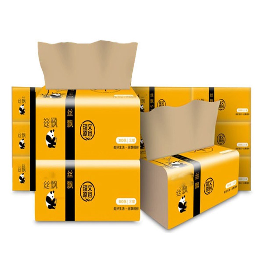 Gói 300 tờ giấy ăn Gấu trúc Sipiao không lớp tẩy trắng, thiết kế 3 lớp thấm hút, siêu dai không rách