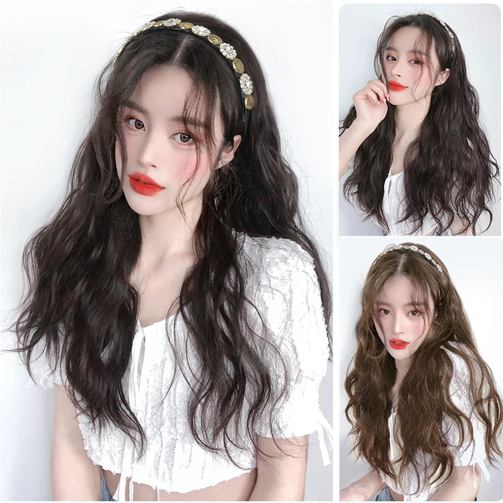 Tóc Giả Nữ Xoăn Dài Màu Nâu / Đen Tự Nhiên Kèm Băng Đô