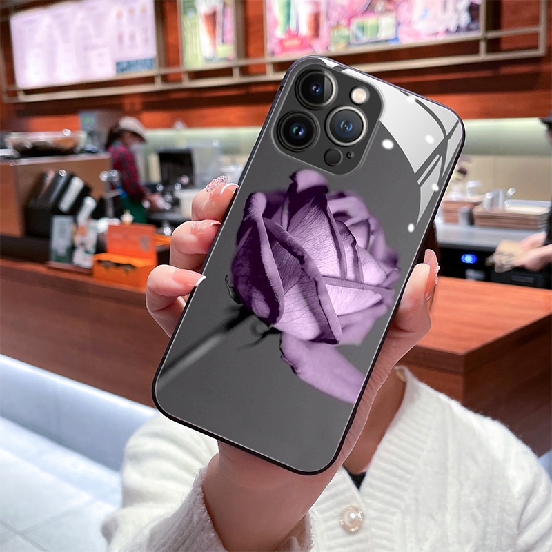 Ốp Điện Thoại Mặt Kính Hình Hoa Hồng Xanh Dương Cho iPhone 14 13 12 11 Pro Max X XS XR 8 7 6 Plus