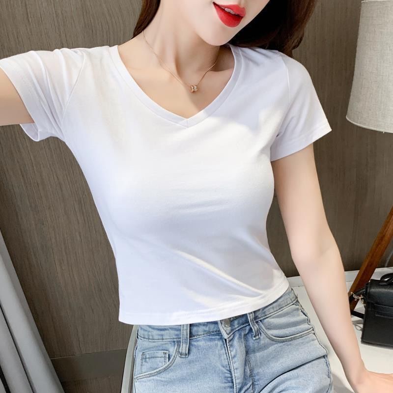 Áo Thun 95 Cotton Ngắn Tay Cổ Chữ V Eo Cao Thời Trang Mùa Hè 2022 Cho Nữ