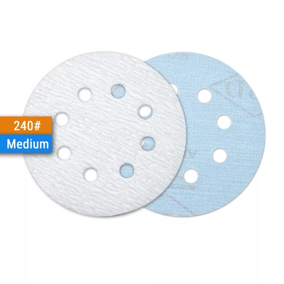 Giấy nhám tròn, nhám tròn 125mm, 8 lỗ hút bụi, lưng nỉ, bề mặt sản phẩm có lớp phủ stearate