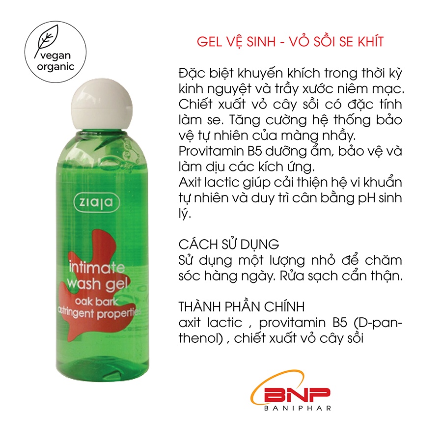 Dung dịch vệ sinh phụ nữ Intimate Ziaja Vỏ sồi giúp cân bằng độ pH tự nhiên, dưỡng ẩm sâu, làm dịu nhẹ, se khít 200ml