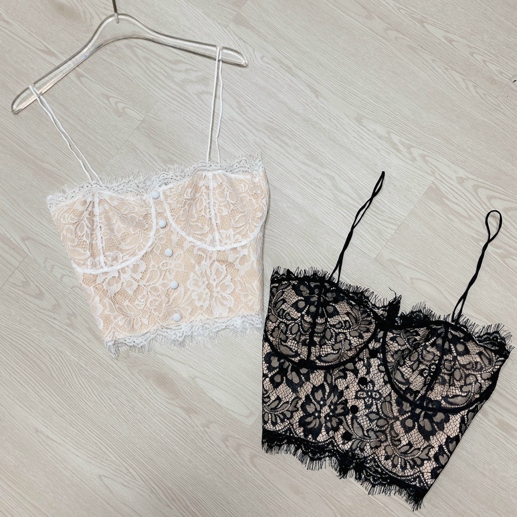 Áo kiểu 2 dây dáng tra viền ren sexy trước hàng nút bọc sau dây kéo xinh