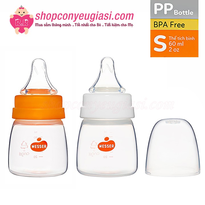 Bình Sữa Wesser PP Cổ Hẹp 60ml - Kèm Núm Ti Size S, 0-3m - Màu Ngẫu Nhiên