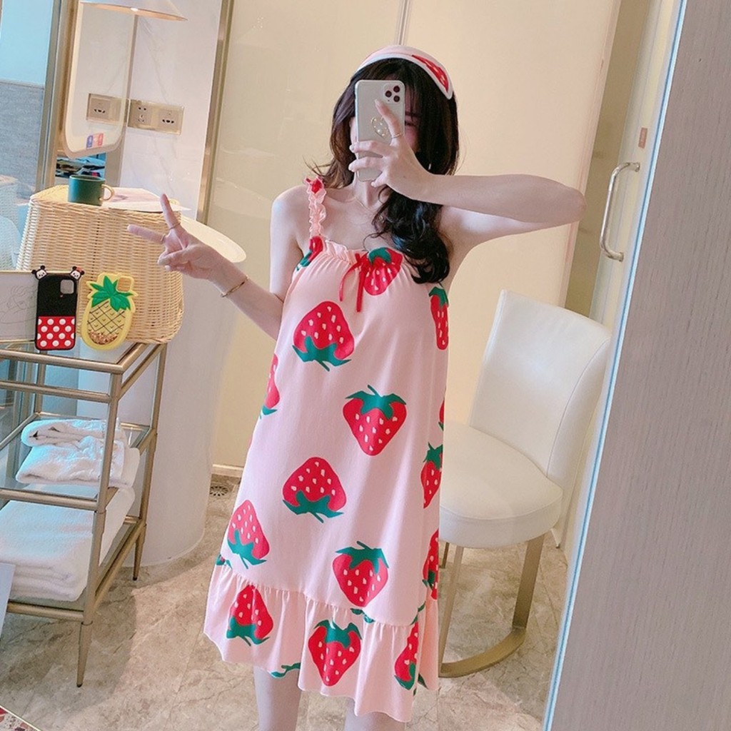 Váy ngủ 2 dây chất thun sữa siêu mát - đầm ngủ họa tiết cute V2D88