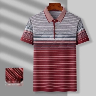 Áo polo Tay Ngắn Bằng Lụa Lạnh Họa Tiết Kẻ Sọc Thời Trang Mùa Hè Dành Cho Nam Trung Niên Và Người Lớn Tuổi