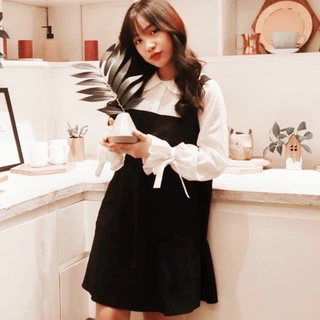 Váy chữ A babydoll nơ tay liền thân yếm đen cổ sơ mi trắng ulzzang , Đầm nữ đi học sinh viên