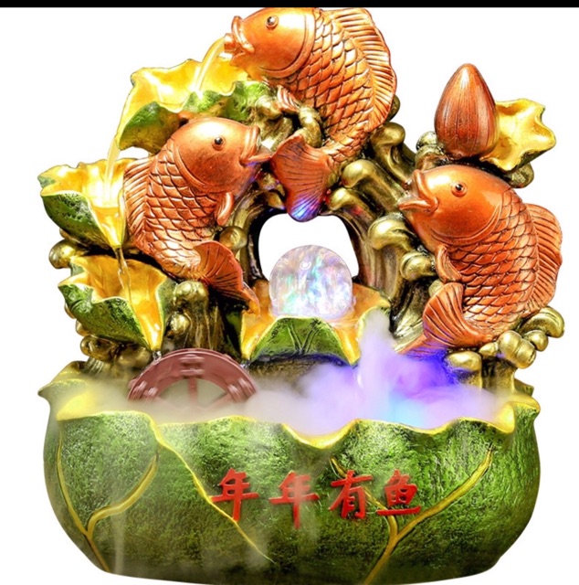 Thác nước phong thuỷ để bàn và đài phun nước lá sen với cá chép vượt ngũ môn màu vàng ,kích thước 29 x 20 x 31cm | BigBuy360 - bigbuy360.vn