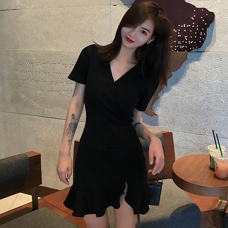 Puff sleeve sexy low collar slim black dresses woman elegant simple high street female fashion party club mini dress
